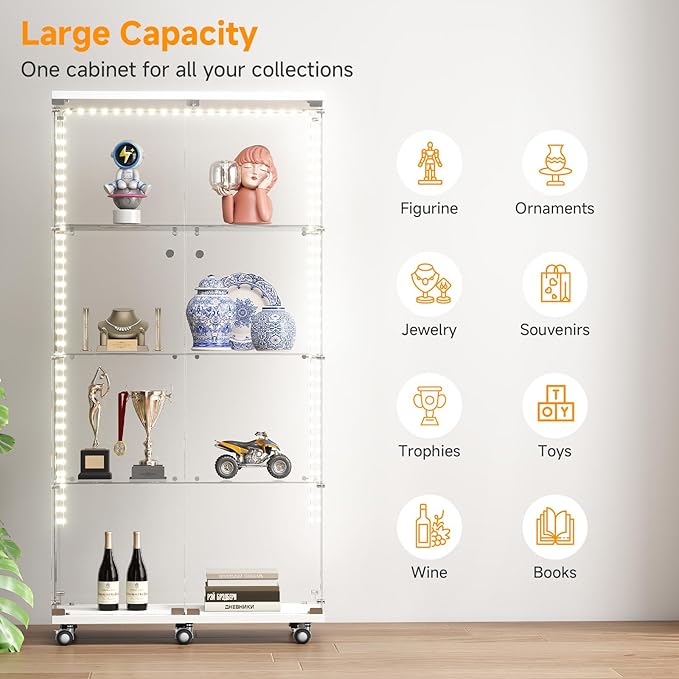 Tempered Glass Display Cabinet with Light Strip, 4-Tier Curio Cabinet with Glass Doors Wheels Locks, Glass Display Case for Collectibles for Living Room, Bedroom, Office, White, Double Door