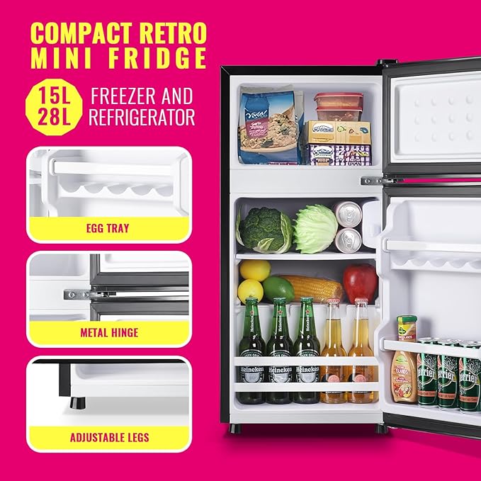 Mini Fridge with Top Freezer Apartment Size Dual Door Compact Small Refrigerator for Personal Use Small Mini Fridge with Egg tray, 7 Temperature Control For Dorm, Apatmet, Dark Grey