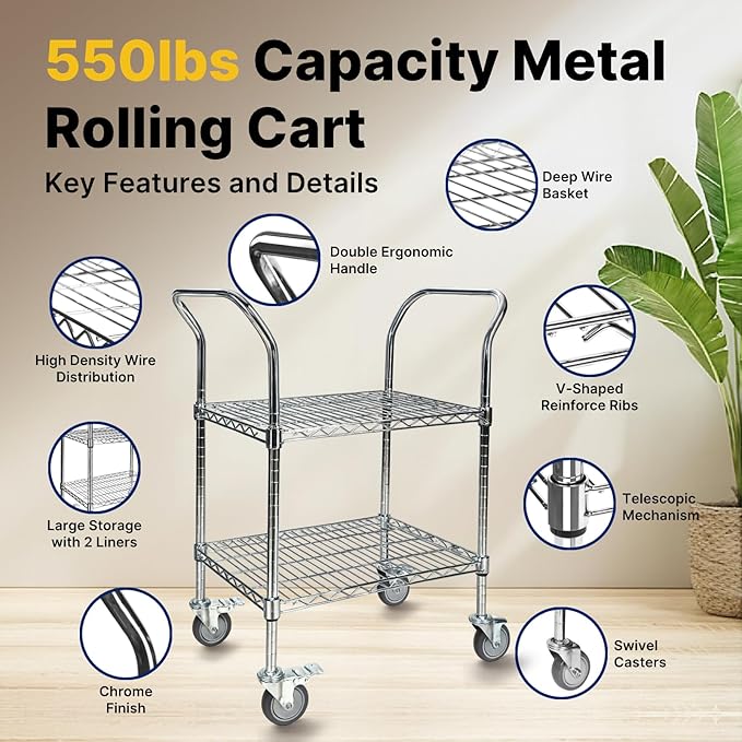 Northsky 2-Shelf Wire Utility Cart on Wheels, Chrome Finish Rolling Metal Shelving with Wheels, 550lb Capacity, 24" x 18" x 38", 2 Tier Rolling Cart for Kitchen Bar Storage Use