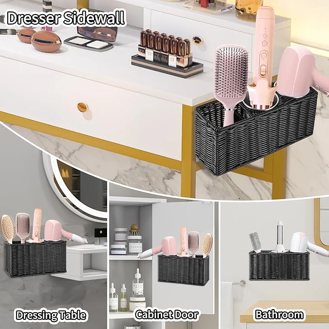 Hair Tool Organizer,Wall Mount Curling Iron Holder,Waterproof Wicker Hot Tools Organizer for Hair Dryer,Flat Irons,Curling Wands,Straighteners Storage,in Cabinet,Bathroom,Vanity (Black)