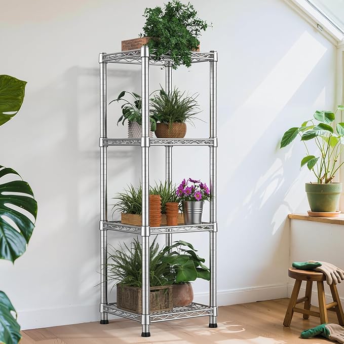 Metal Wire Shelving Unit Storage Shelves 4 Tier Adjustable Shelf Sturdy Steel Rack Standing Units Organizers organize for Laundry Bathroom Kitchen Closet Basement Garage Pantry Narrow Mesh Utility