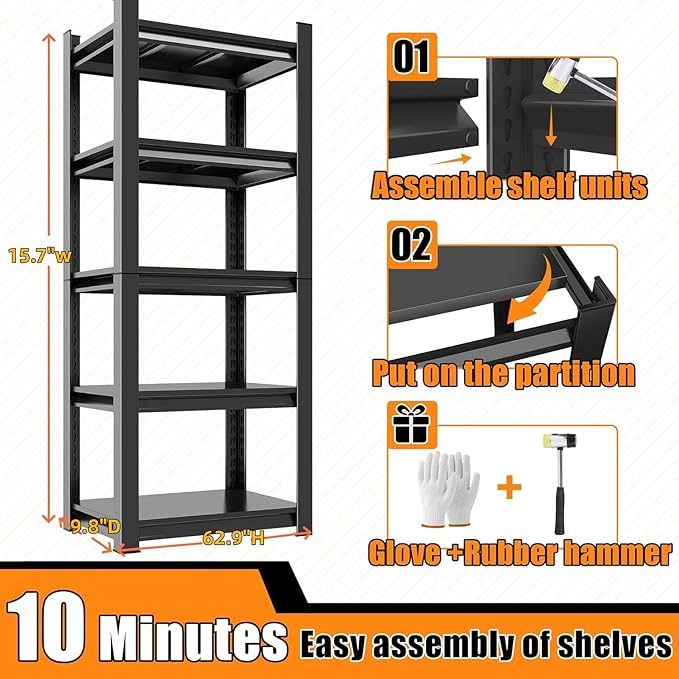 5-Tier Slim Metal Shelving Unit, Adjustable Narrow Standing Shelf for Kitchen Pantry, Bathroom, Laundry Room & More | 16" Wide, 10" Deep, 63" High | Space-Saving Storage for Small Spaces