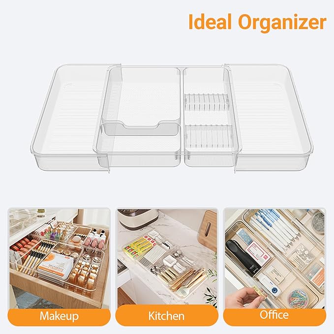 Expandable Drawer Organizer Tray from 11” to 19.1”, Adjustable Silverware in Drawer Holder, Clear Plastic Drawer Storage with Sliding Dividers for Utensil, Cosmetics, Toiletries, Offices