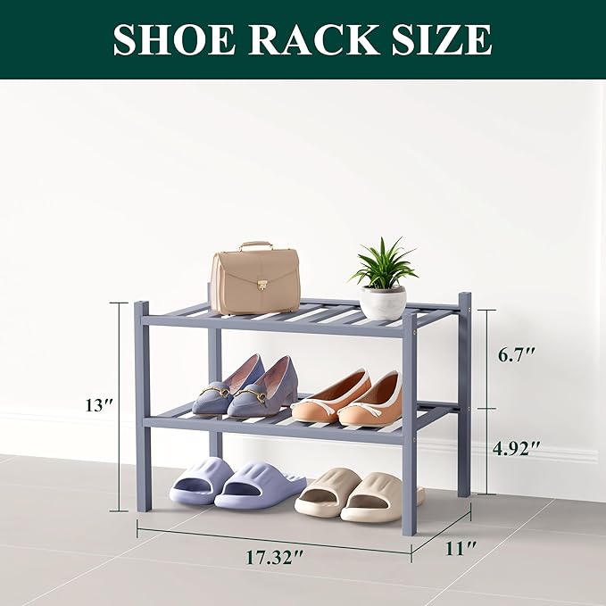 Smiry Bamboo Shoe Rack for Closet, 2 Tier Small Wooden Stackable Shoe Organizer, Free Standing Shoes Storage Shelf for Entryway, Front Door Entrance, Grey
