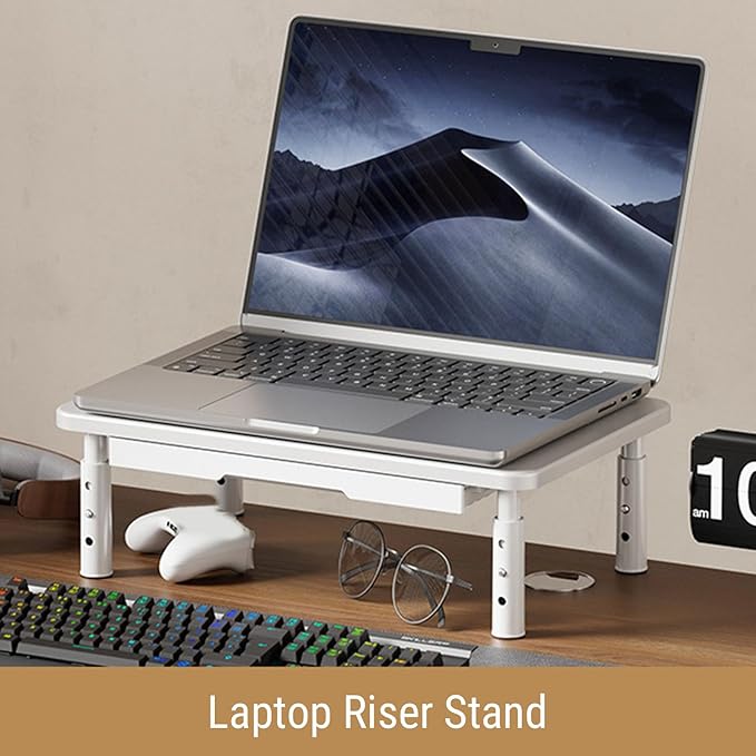 Desk Computer Riser, Monitor Stand Riser with Drawer, 3 Height Adjustable, Metal Laptop Stand, Computer Storage Shelf for PC, Desktop, Laptop, Printer, 20KG Bearing (White)