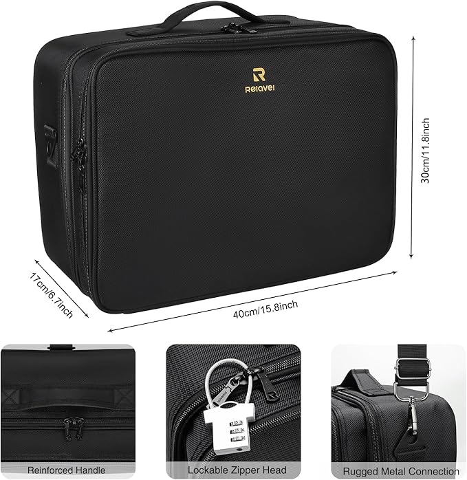 Relavel Large Makeup Organizer Profession Makeup Bag Extra Large Makeup Case with Adjustable Dividers, Adjustable Angle Fixed Belt and Shoulder Strap Plastic Dividers