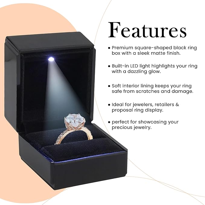 Novel Box Square Shaped Black Ring Box With LED Light 2.25X2X2.5 Inches - Jewelry Ring Case Best for Jewelry Displays - Gift Boxes for Mother's Day, Engagement, Anniversary & more Happy Occasions