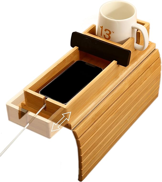 Bamboo Couch Arm Tray with Detachable Cup Holder, 2 in 1 Foldable Anti-Falling Design for Cups, Snacks, Remote, Cellphone