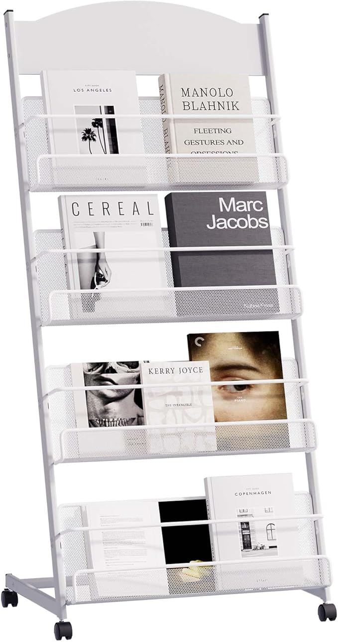 lesolar Floor-Standing Magazine Rack 4-tier Newspaper Holder Book Display Shelf Brochure Display Stand Floor Suitable for Exhibitions Shopping Malls Hospitals Offices School（Silvery