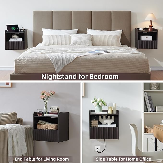 Modern Fluted Floating Nightstand Wall Mounted Set of 2- Bedside Table with Storage Drawer & Display Shelf, Minimalist Bedroom Furniture for Studio Apartments(Espresso)