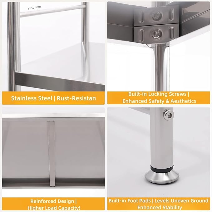 susunnus Stainless Steel Shelf,Kitchen Storage Shelves,Microwave Mini Fridge Shelf,Adjustable Height,Open Lower Tier,Laundry Room, Repository (3tier(23.6 * 15.7 * 66.1in))