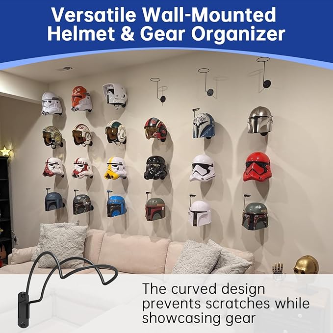 4-Pack Wall-Mounted Multi-Purpose Helmet Storage Display Rack - Durable Metal Hanger Hook for Equestrian, Motorcycle, Baseball, Hockey, Rugby & Electronic Helmets | Heavy-Duty Construction with Screws