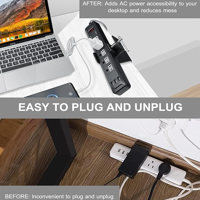 Desk Clamp for Power Strip - Removable Power Strip Holder for Desk Edge - Sturdy Table Clamp - Desk Mount for Power Strip - Fits 1.96" to 2.55" Width - Black