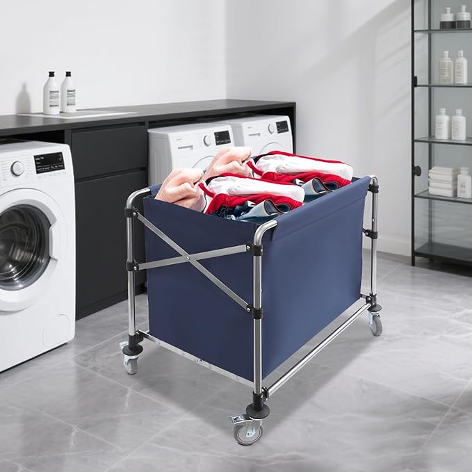Commercial Laundry Cart with Wheels,Folding Laundry Hamper Cart,Heavy Duty Rolling Laundry Basket with Large Capacity,Laundry Sorter Trolley for Home Hotel Apartment (Blue, 35.43 * 23.62 * 34.65in)