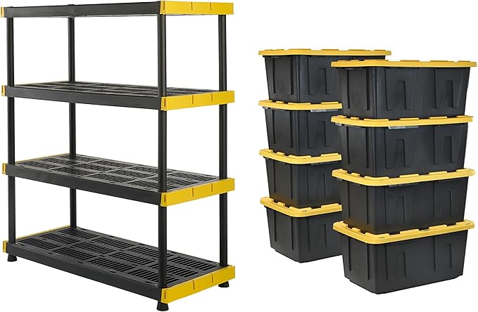 CX Black & Yellow, Shelving Unit and Heavy Duty Storage Containers, Extremely Durable (Shelf + 27 Gallon Container (8-Pack)), for Garage, Warehouse & Seasonal Storage