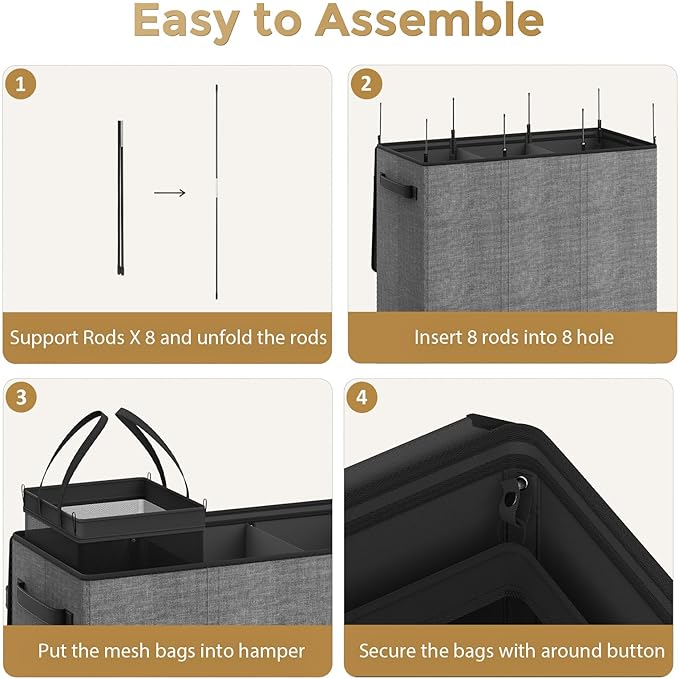 180L Laundry Hamper 3 Section, Large Laundry Basket with Lid, Laundry Basket Organizer with Handles, Grey Divided Laundry Baskets, Clothes Hampers for Laundry, Bedroom, Bathroom