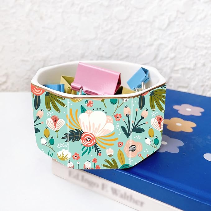 Ceramic Paper Clip Holder Gold Line Paper Clip Dispenser Organizer for Desk Cute Floral Pattern Office Binder Clip Holder Bobby Pin and Hair Clip Holder Gift for Office Mint Flowers