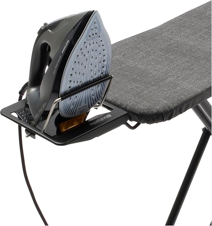 Brabantia Size A Compact Small Ironing Board (43x12 in) 7 Height Options, Adjustable Steam Iron Rest Holder (Denim Gray) Non-Slip Feet, Anti-Collapse Child Locks