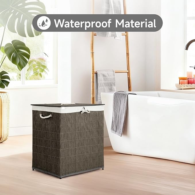 Laundry Hamper with Lid, 39.6 Gallon(150L) Large Laundry Basket 2 Removable Liner Bags, Synthetic Rattan Clothes Hamper with Side Pocket, laundry organization for bathroom, laundry room, Grey