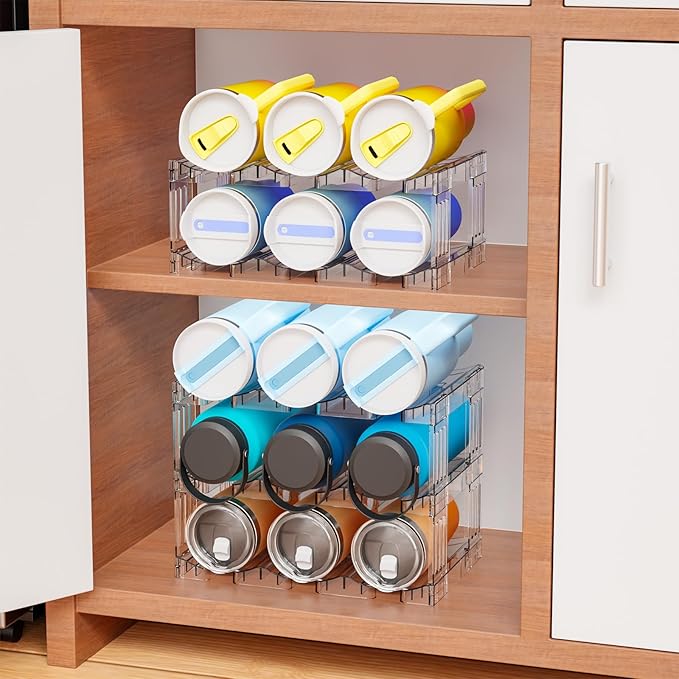 Yieach Stackable Water Bottle Organizer for Cabinet Yeti or Stanley Storage Organizers - Larger Compartment for 40 oz Stanley Cup Holder and Other Tumbler Organizers,Waterbottle Rack for Pantry,2 Tier