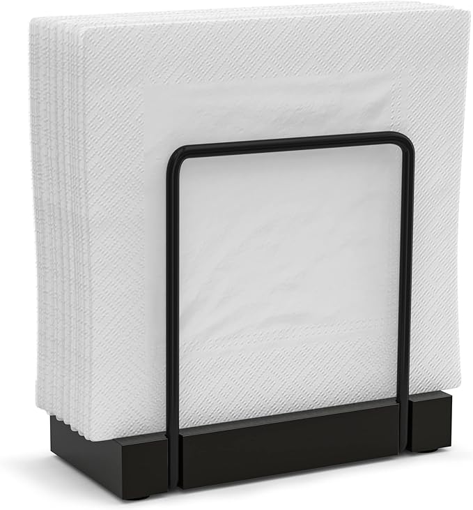 Wican Napkin Holder for Table, Bamboo Iron Standing Napkin Dispenser for Kitchen Dining Farmhouse Cocktail Picnic Bar Rustic Wood Holders for Paper Mail Bills Suitable for All Dining Room Decors Black