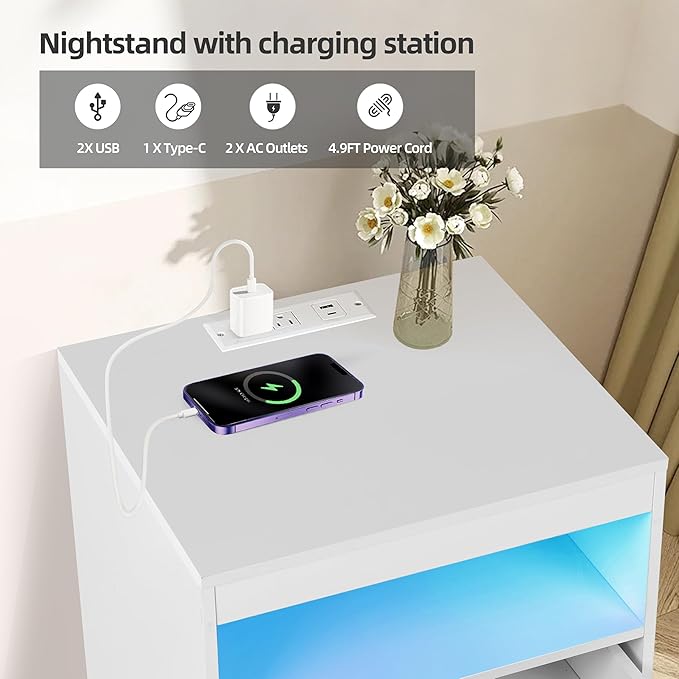 Night Stand with Charging Station and Ambient Light, LED Nightstand with USB-C Ports and Outlets, Morden Bedside Table with 2 Drawers and Open Compartment, End Table for Bedroom, White