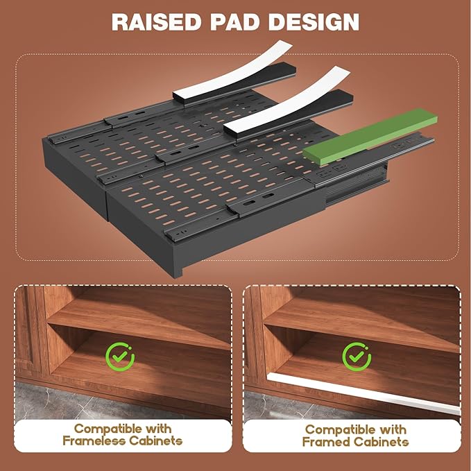 4 Pack Pull Out Cabinet Organizer Expandable Width(13"-21") and Depth(17"-24"),Slide Out Drawers With Raising Pad for Framed Cabinets,No Drill Roll Out Shelves for kitchen,Bathroom,Black