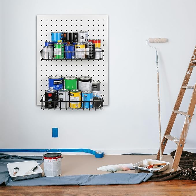 G.CORE Large Peg Board Baskets - 2 Pack Metal Shallow Tray Shelves for 1/4 Pegboards - Spray Bottle Holders Can Organizers for Garage Workbench Shop Hobby Craft Tool Organization (Black)