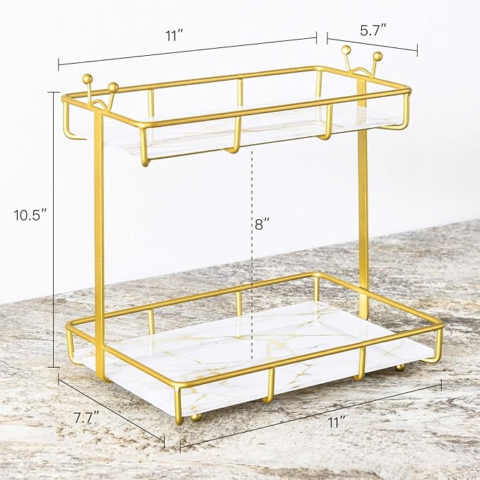 Bathroom Counter Organizer Makeup Organizer 2 Tier Vanity Tray Dresser Stainless Steel Gold Shelf