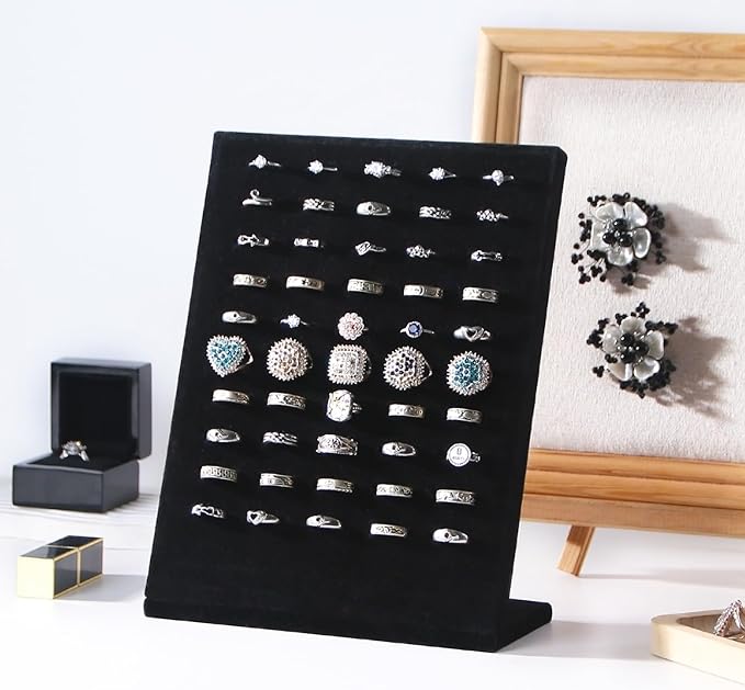 50 Slots Rings Display Stand, Ring Organizer Holder Stand for Selling, Ring Earring Jewelry Pad Showcase Storage Tray for Home or Shop Sell Show (Black 1PC)