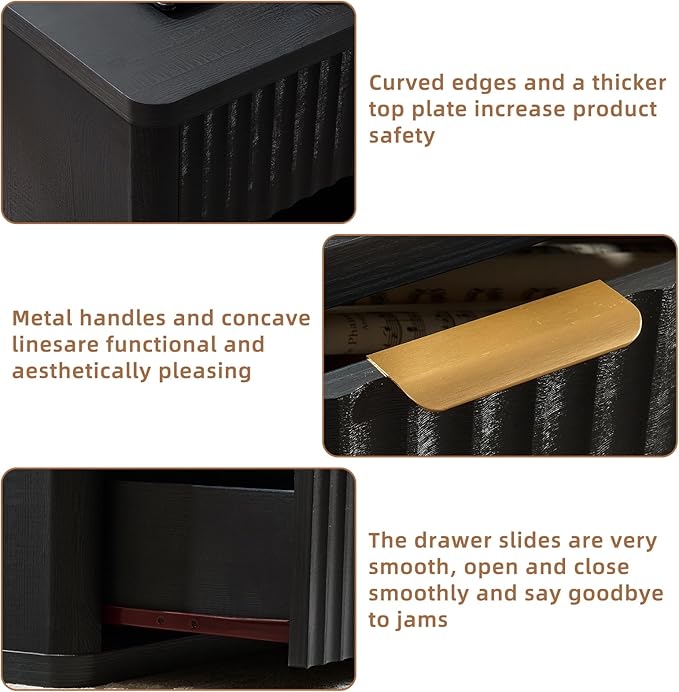 LEYAOYAO 31" Wide Fluted Nightstand with Charging Station, Oversized Extra Large 1 Drawer Night Stand with Golden Handle, Black Wood Bedside Table Tall End Tables,for Bedroom, Living Room, Hallway