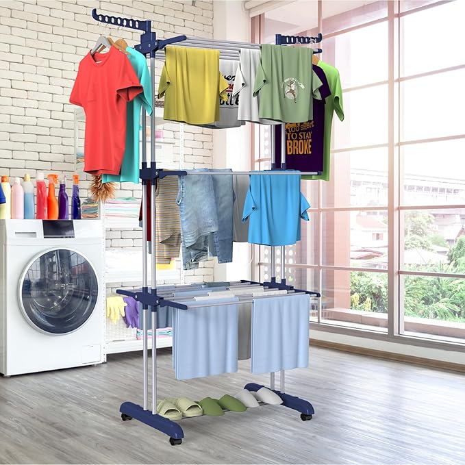 Bigzzia Clothes Drying Rack, 67.7 Inch Laundry Drying Rack with Foldable Base, 4 Tier Stainless Steel Drying Rack Clothing, Movable Laundry Rack for Indoor Outdoor-Blue