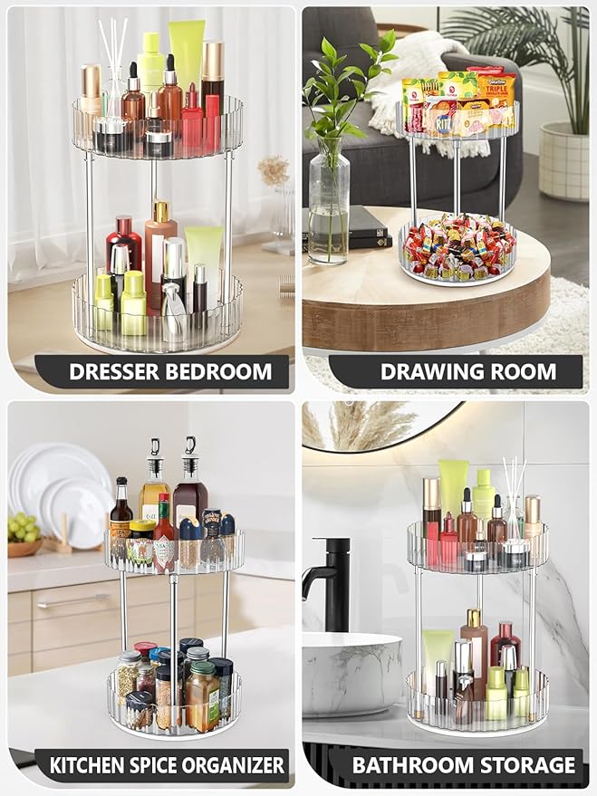 Makeup Organizer,360° Rotating Makeup Organizer, 2-Tier Round Rotating Skincare Organizer Countertop,Fits Bedroom, Bathroom, Vanity Shelf Countertop(Clear)