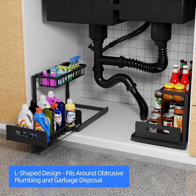 2-Tier Under Sink Slide Out Organizer, Pull Out Cabinet Storage Shelf with Sliding Wire Basket Drawer for Bathroom Kitchen, Countertop or Pantry Shelf, Black