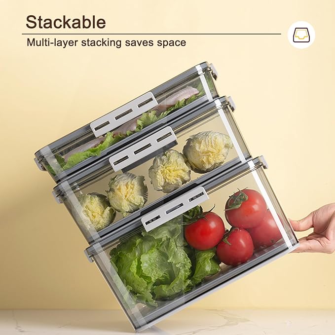 CottonColors Fridge Organizer, Food Storage Containers With Lids for Timer & Drain Board Stackable Refrigerator Organizers and Storage(Tall & Short, Small, 3.3 L + 1.5 L, 2 Pack)