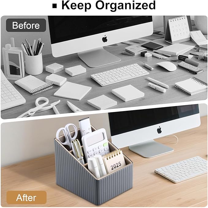 KINGFOM 3 Slot PU Leather Remote Controller Holder, Home Sundries Storage Box, TV Guide/Mail/CD Organizer/Caddy/Holder with Free Cable Desk Organizer (Grey)