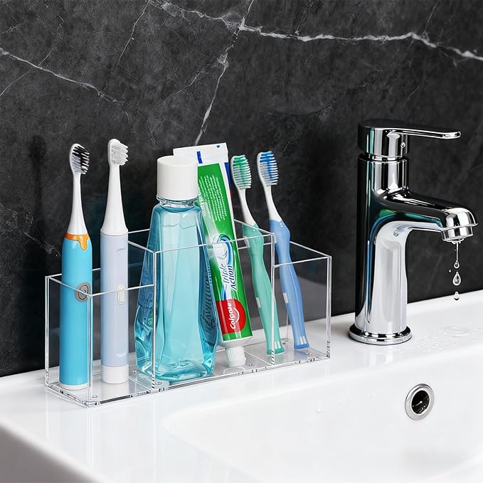 Acrylic Toothbrush Holder for Bathroom Counter, Clear Multi-Functional Toothbrush Organizer with Compartments for Electric Toothbrush, Toothpaste