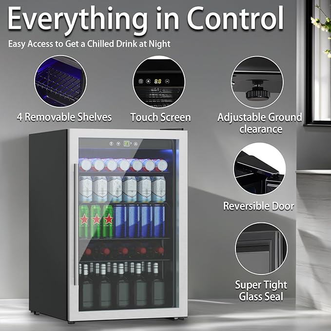 Compact 145 Can/4.5 Cu.Ft Mini Fridge For Soda, Beer Or Wine, Portable Small Beverage Refrigerator With Digital Display&Removable Shelves &Reversible Glass Front Door For Office, Dorm, Bar