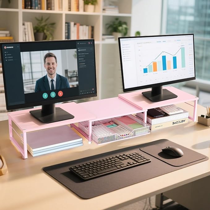 OPNICE Dual Monitor Stand Riser, Desk Organizer with Drawer, Office Desk Organizers and Accessories, Office Workspace Organization Computer Monitor Stand for Laptop, Printer, TV（Pink）