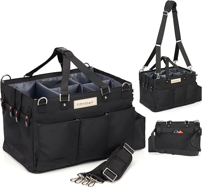 FifthStart Cleaning Supplies Organizer Tote & Caddy - X-Large, Black Nylon - Adjustable Straps for Cleaning Tote - 9 Pockets & Dividers in Organizer Bag - Durable Nylon Construction for Diaper Caddy