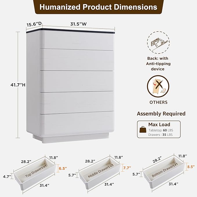 ACCOHOHO Modern 5 Drawer Dresser for Bedroom, 42" Tall Wooden Dressers with Large Storage,Handleless Chest of Drawers for Living Room & Hallway, Curved Profile Design, White