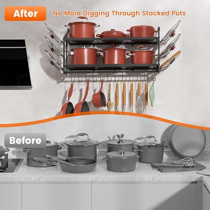 VOPEAK 30" Pot Rack Wall Mounted with 6 Detachable Pot Lid Holders,12 Adjustable S Hooks for Hanging Pans,2 Tier Black Heavy Duty Metal Shelves for pots and pans Organizer,200lbs Capcity,Space Saving