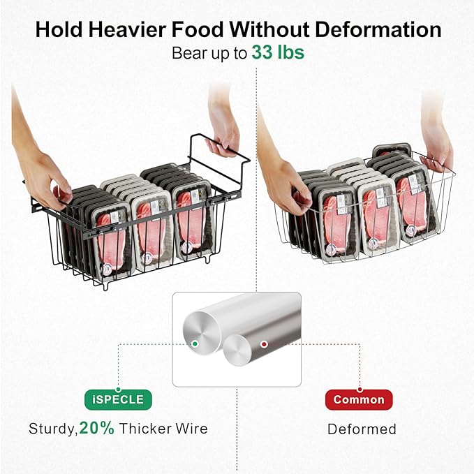 iSPECLE Chest Freezer Organizer Bins 8 Pack - Fit 7 Cu.Ft Deep Freezer, 2 Adjustable Hanging Baskets and 6 Pack Stackable Freezer Bins, Deep Freezer Organizer Bins Sort Frozen Food, Black