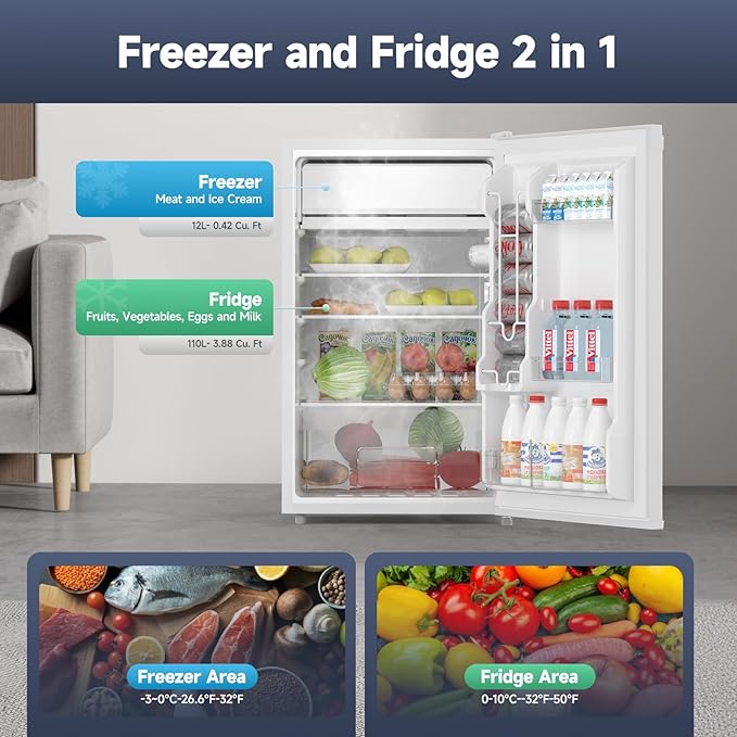 4.3 Cu.Ft Mini Fridge With Freezer, Single Door Mini Fridge w/7 Settings Temperature Adjustable, Mini Refrigerator for Apartment, Bedroom, Office, Dorm, Black (White)