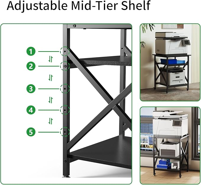 Ollieroo 3 Tier Printer Stand, Large Table with Wheels, Rolling Cart with Height Adjustable Middle Storage Shelf, 23.6 x 23.6 x 30.3 Inches Shelf for Home Office, Black