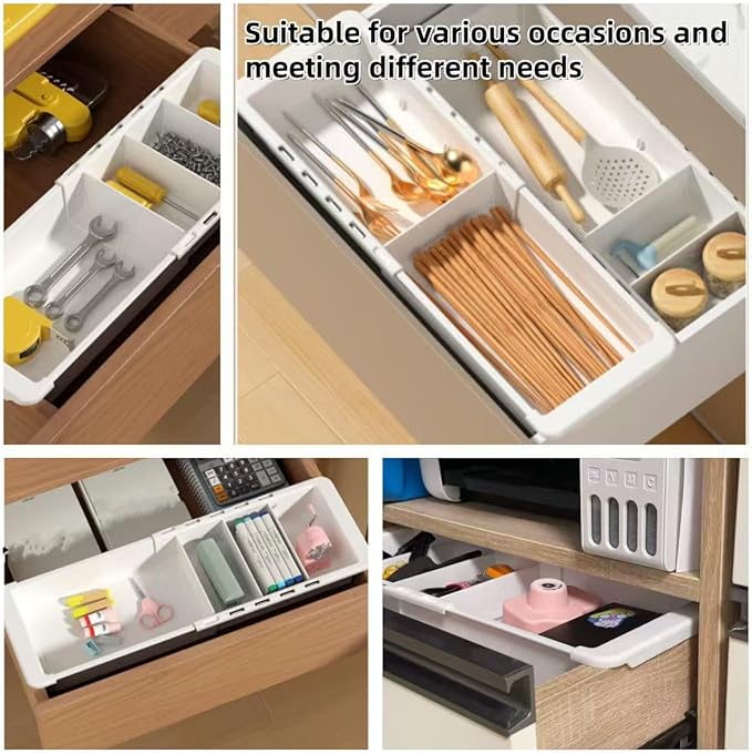 Deep Drawer Organizer, Expandable Storage Trays with Adjustable Dividers, Collapsible & Stackable for Kitchen, Bathroom, Office, Makeup - 2 Pack, White