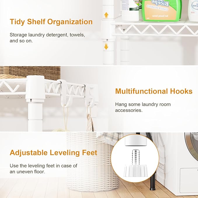 U15 Over Washer and Dryer Storage Shelves, Laundry Above Washer Dryer Storage Rack Space Saver, 6-Tier Wire Shelf with 4 Hooks for Organization, 63.4"W x 17.3"D x 76.4"H, Holds 568lbs, White