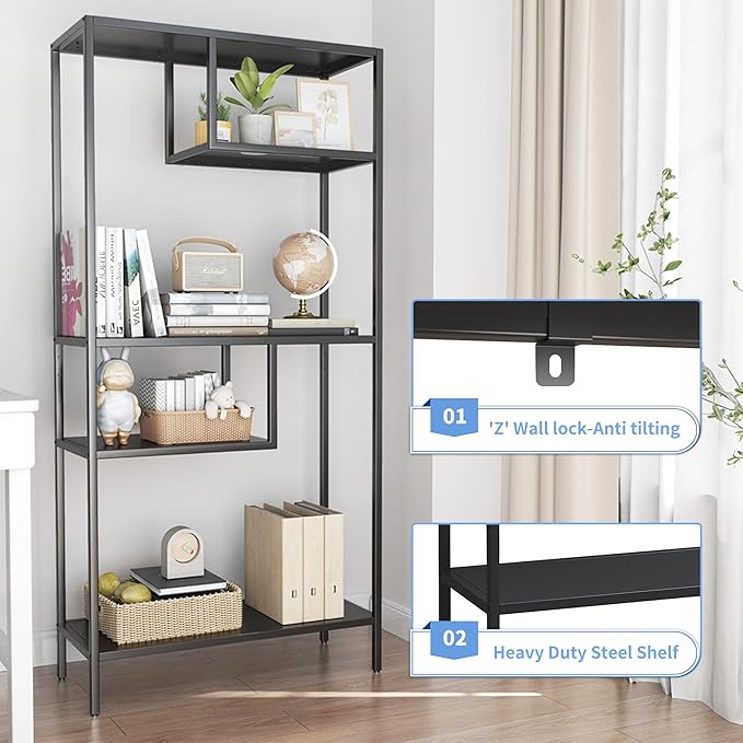Metal Storage Shelves, 70.9” Tall Geometric Bookshelf, Floor Standing Display Shelving Unit Home Decor Furniture for Office, Bedroom, Living Room, Easy Assembly, Black