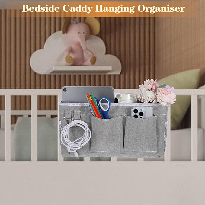 2 Pcs Bedside Caddy Storage Organizer/Bedside Storage Bag - Hanging Bag Holder with Pockets for Bunk and Hospital Beds, Dorm Rooms Bed Rails, Can be Placed Glasses, Books, Mobile Phones, Keys (Gray)