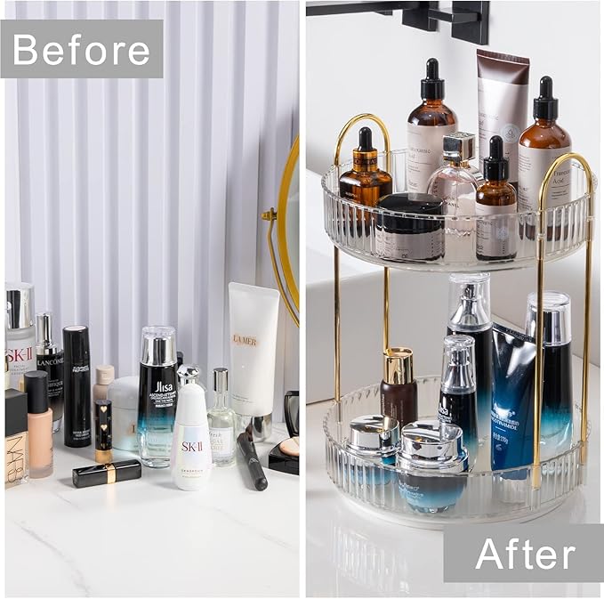 Rotating Makeup Organizer for Vanity, High-Capacity Skincare Clear Make Up Storage Perfume Organizers Cosmetic Dresser Organizer Countertop 360 Spinning (Clear, 2 Tier)
